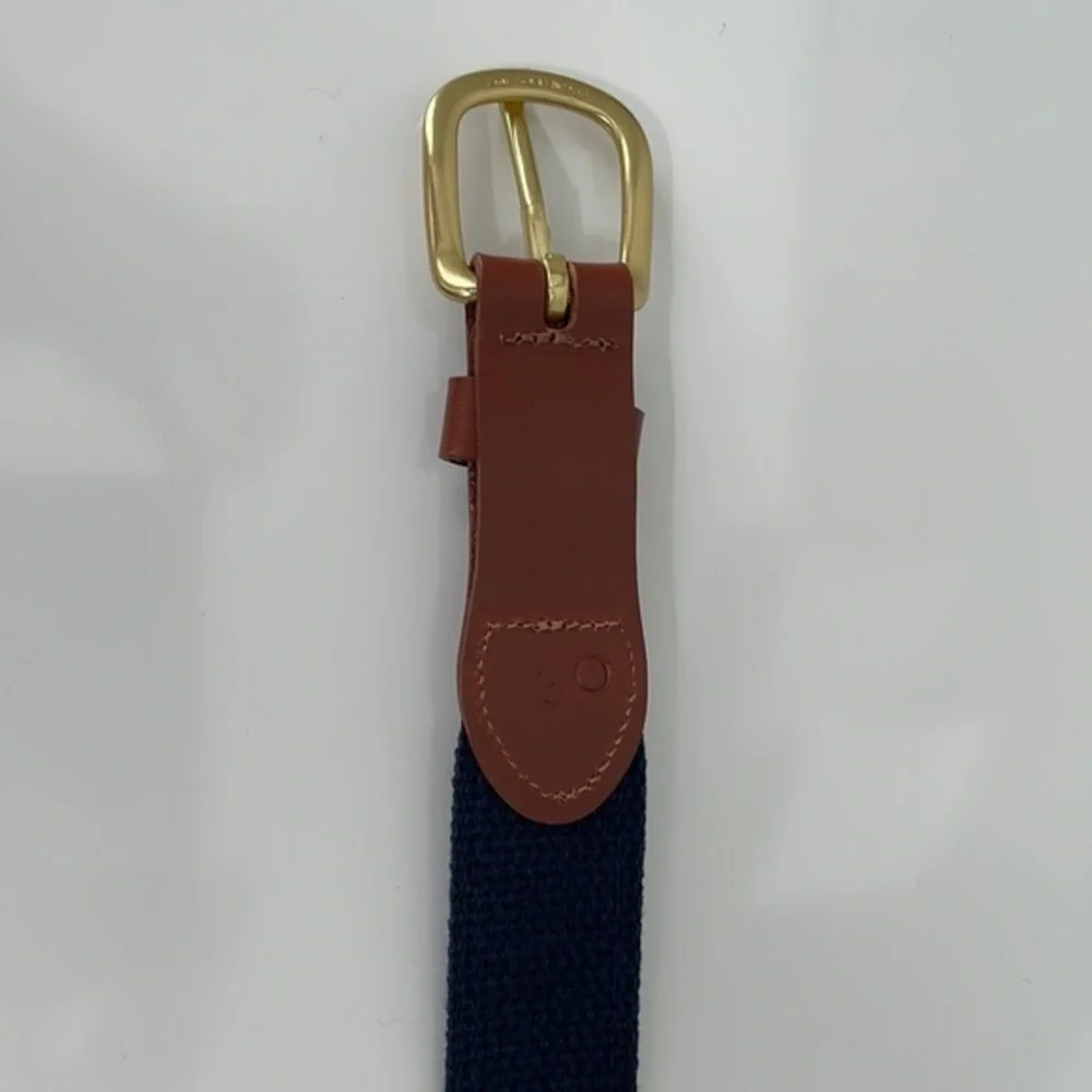 Leather Man Ltd. Fish and Hook navy blue ribbon & leather‎ belt. Brass buckle.